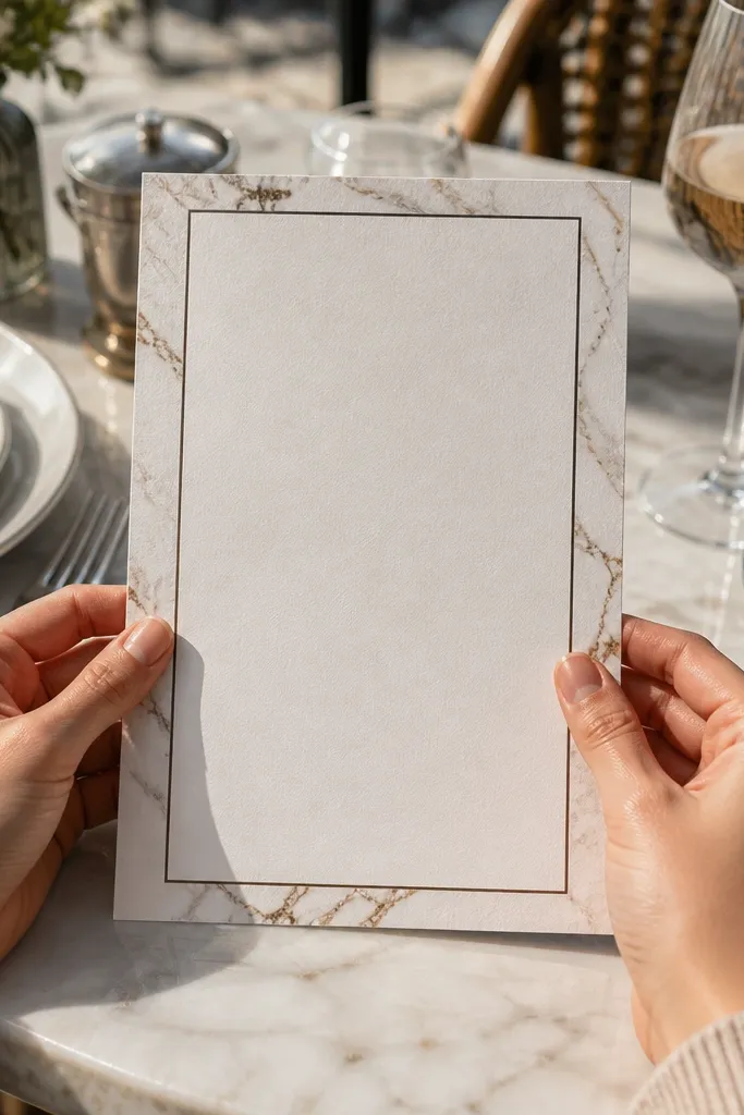 Soft gray marble border with thin black outline around cream card
