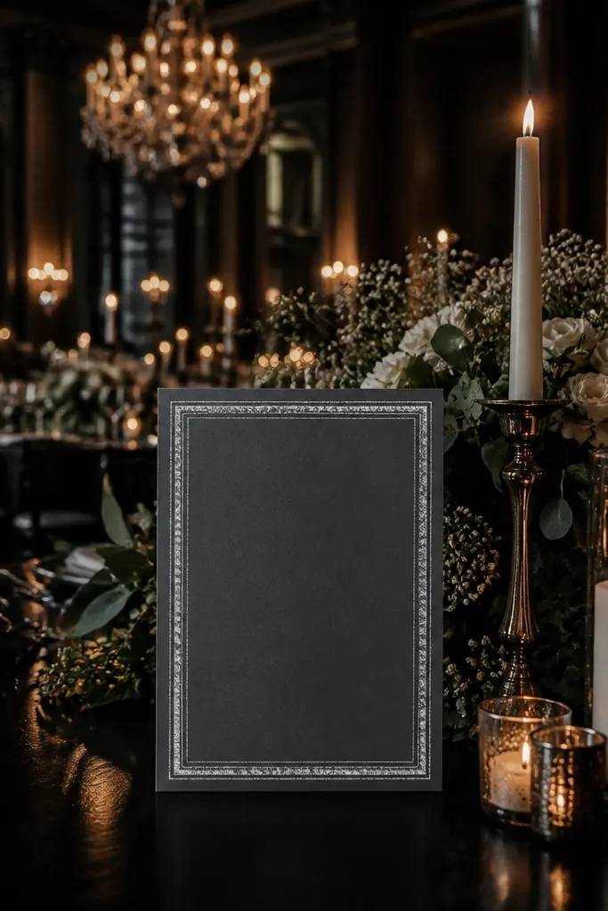 Dark slate card with white chalky border and chalk-like script