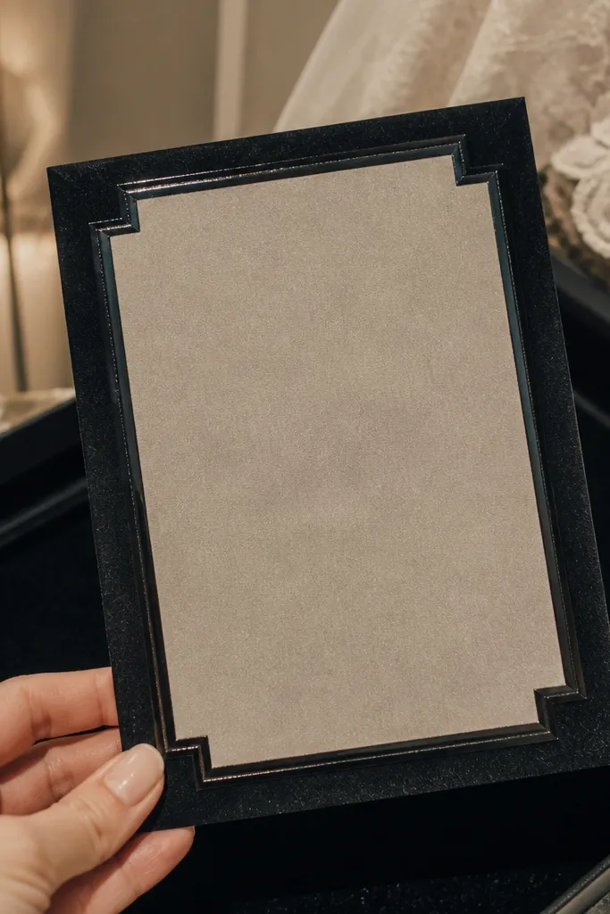 Deep black card with matte velvet border and tiny glossy UV highlights at edges