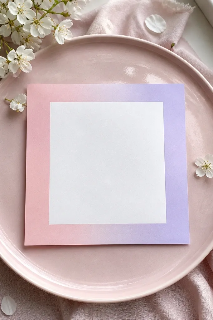 Lavender to blush ombre border with a clean white center panel