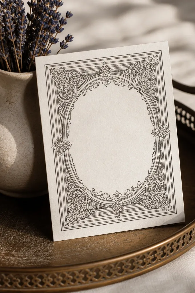 Cream card with engraved guilloche-style border pattern and fine linework