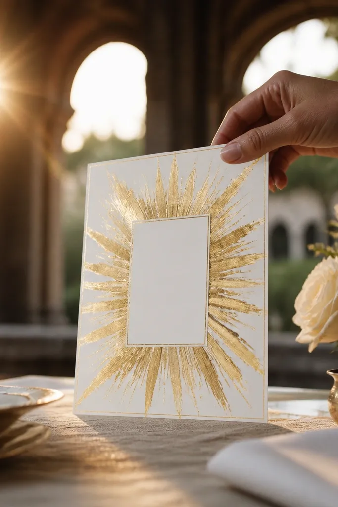 Gilded sunburst wedding card frame with warm rays and a clean center panel