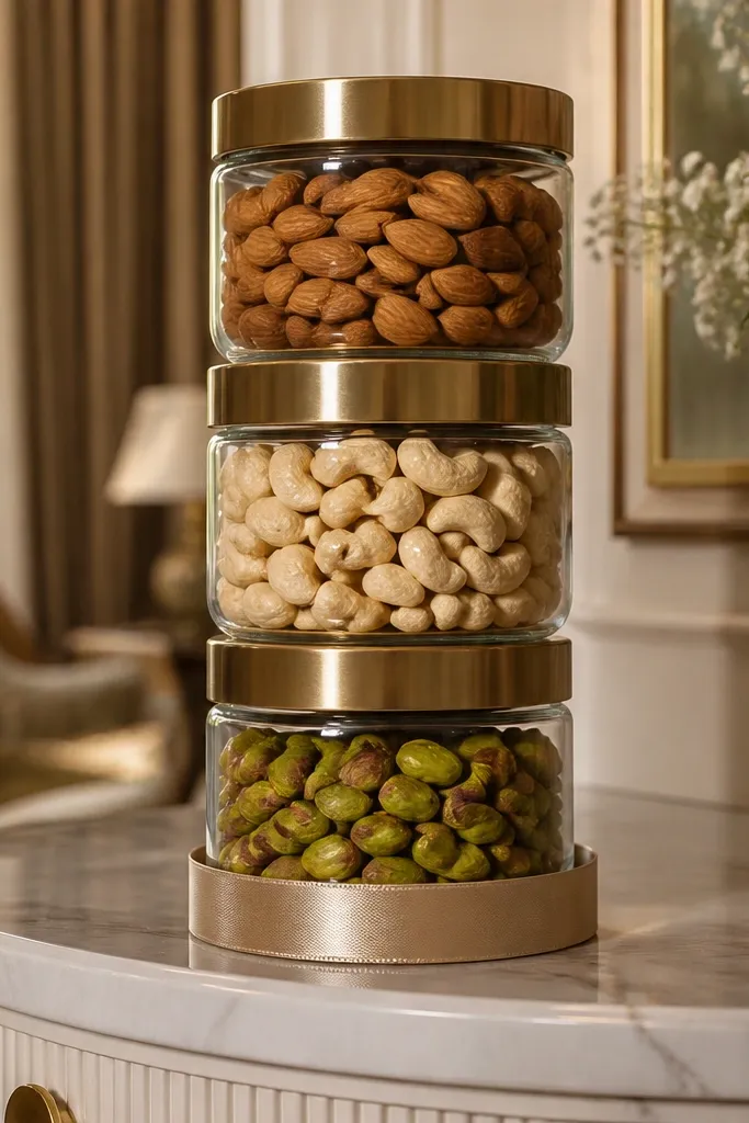 Three clear jars stacked with gold lids on a cream tray with brown tissue