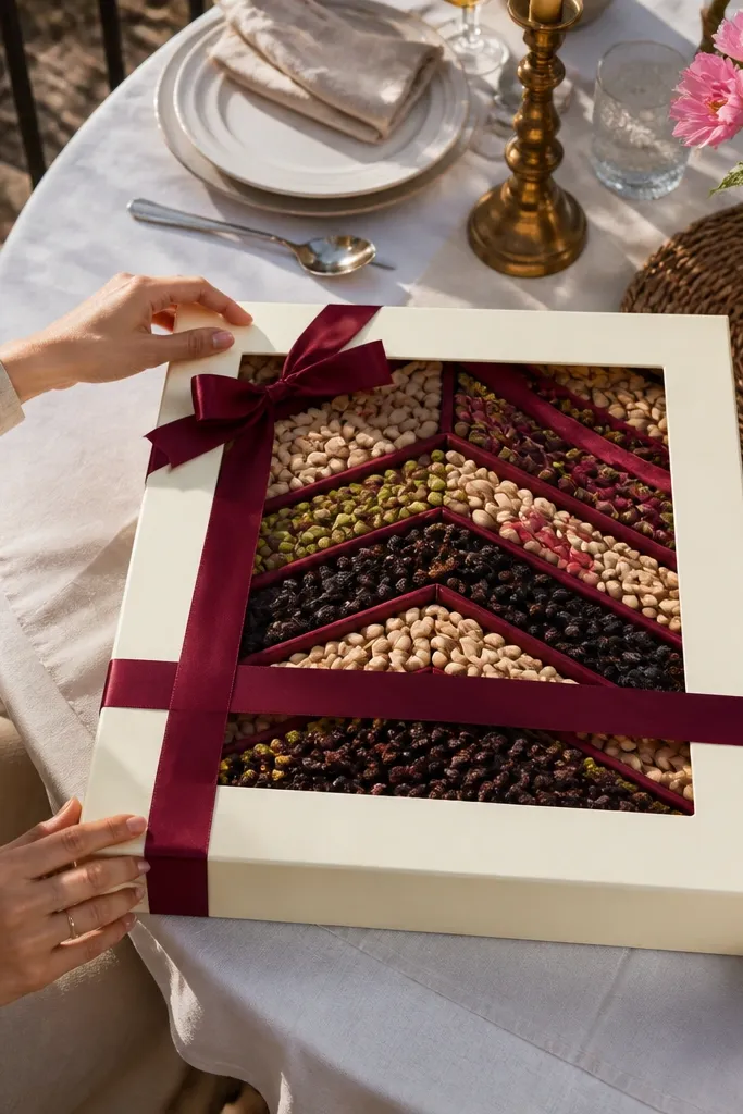 Ivory gift box with clear window lid, layered nuts visible, gold ribbon across top