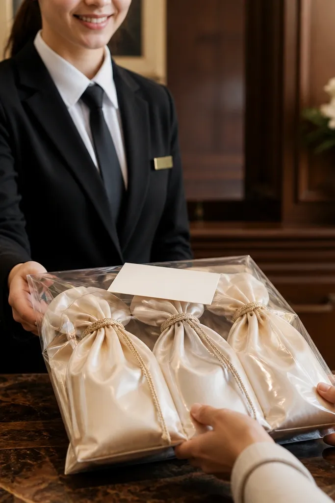 Champagne satin pouches inside clear sleeves tied with twine on a black tray