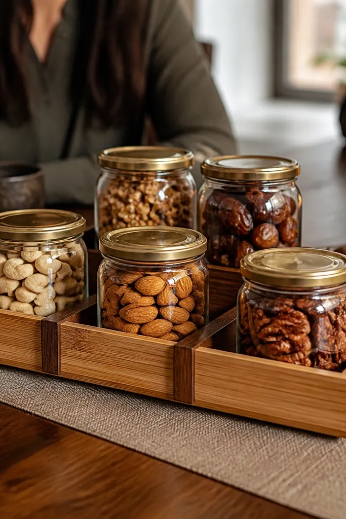 Bamboo tray with small glass jars separated by dark divider strips, nuts neatly arranged