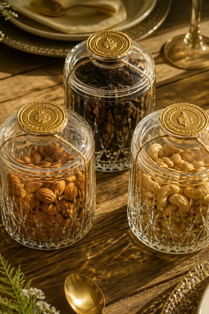 Clear jars with gold stickers and twine tied around lids on a white cloth