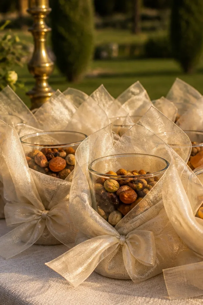 Organza wrap around two nested small glass cups, nuts visible through clear cups