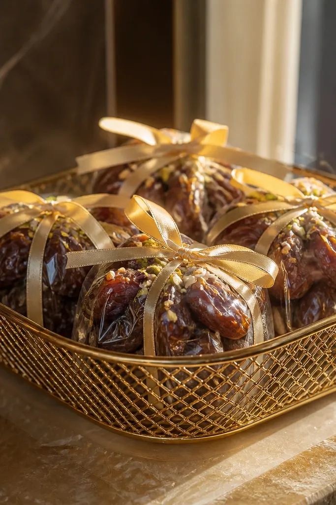 Gold mesh basket holding date bundles wrapped in tissue and jars of nuts