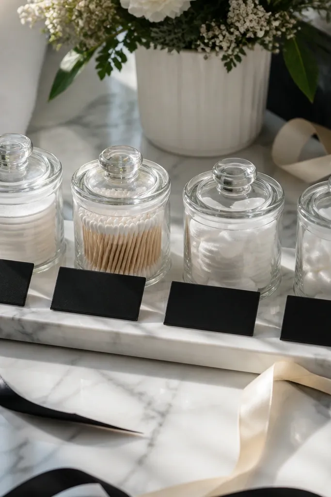 White marble-style tray with black slate label cards and mini jars of dry fruits