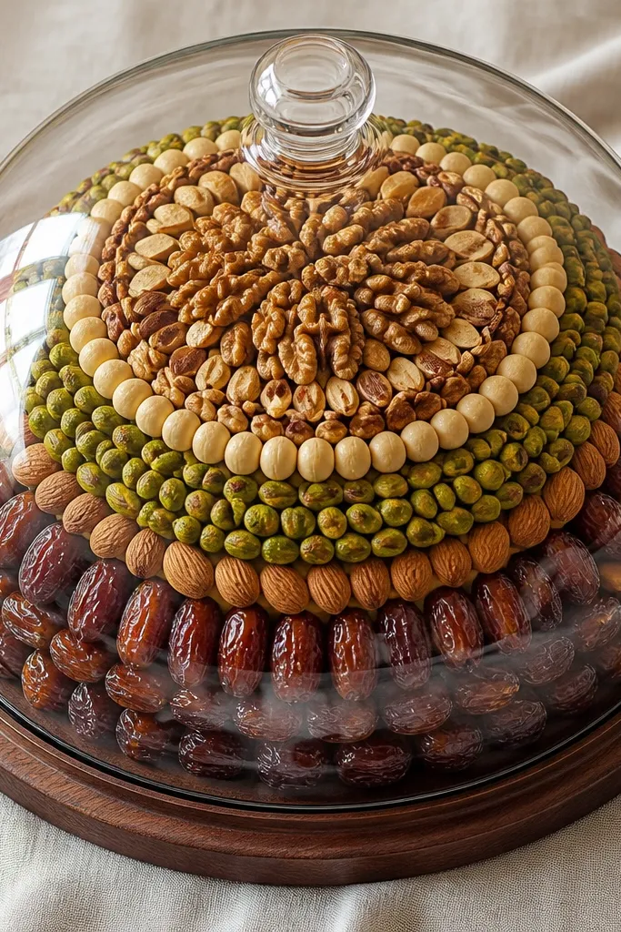 Clear dome over a layered board of nuts and dates, gold ribbon on base