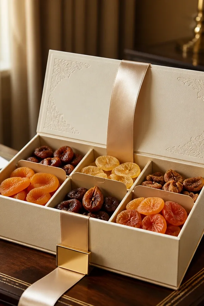 Ivory rigid box with embossed corners, dry fruits visible in compartments, gold ribbon