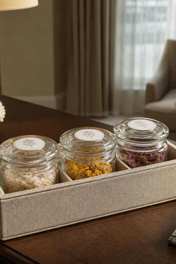 Three monogrammed glass jars in a fabric-lined sleeve with gold trim