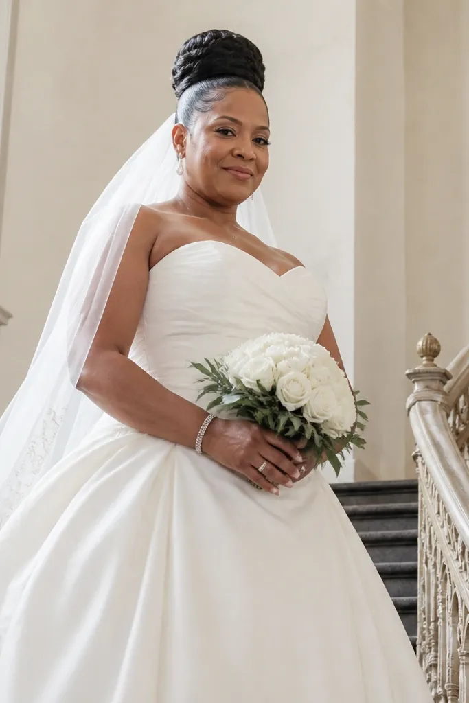 High bun with lifted crown and smooth, sleek hairline