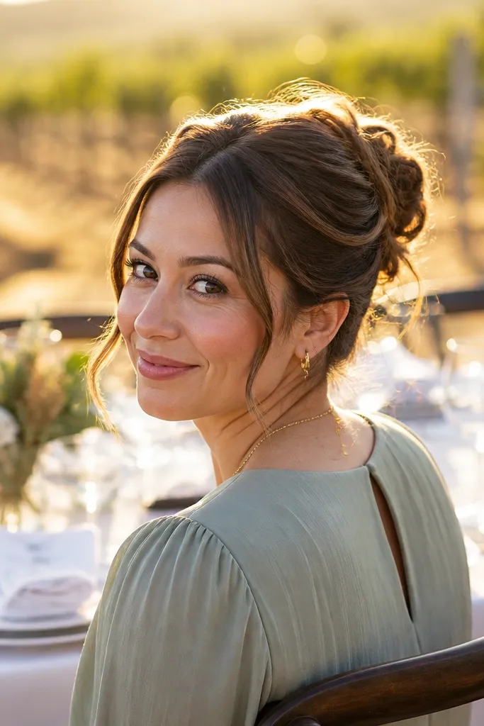 Low messy bun with a few curled tendrils framing the face
