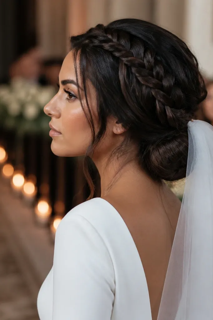 Dutch braid waterfall flowing into a low chignon bun