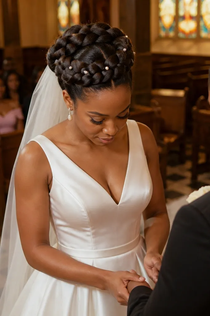Halo braid around the head ending in a bun, with small pearl pins