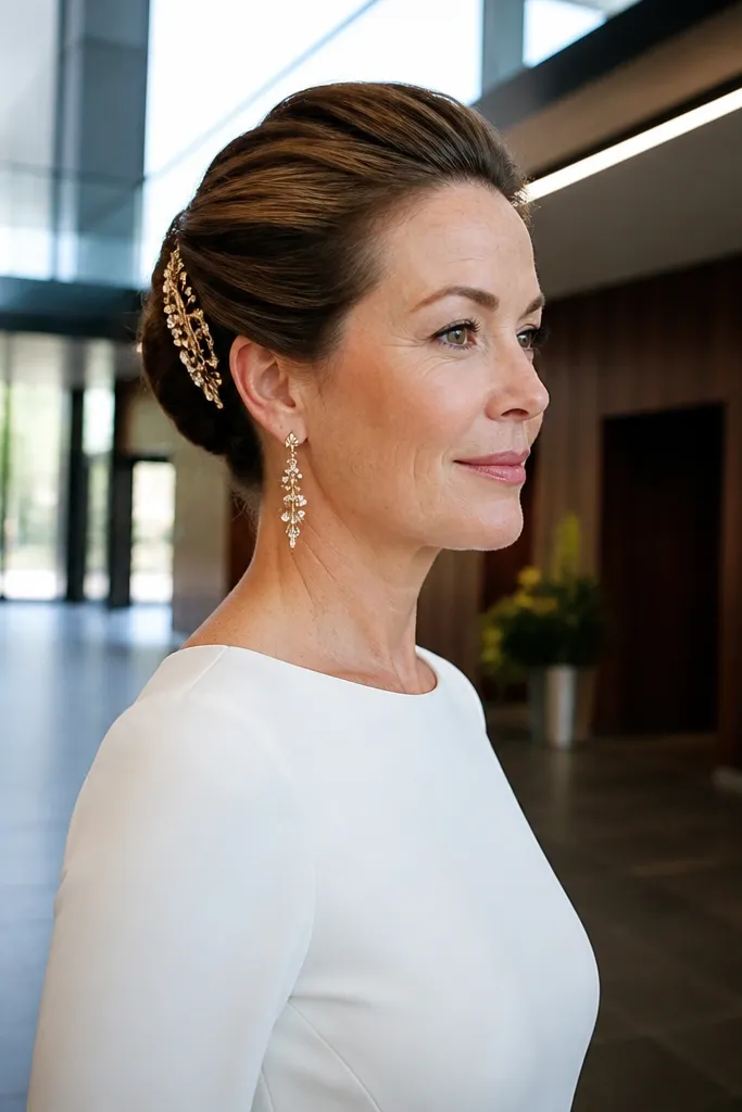 Sleek high twist pinned tightly with a side hair clip
