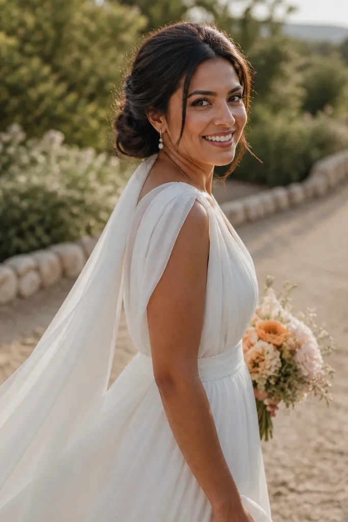 Low bun with a slightly loose texture and a braid tucked underneath