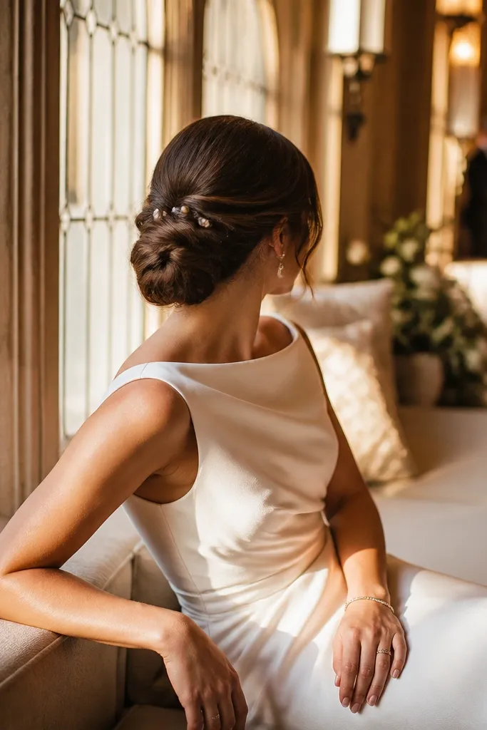 Twisted chignon bun with pearl-like pins tucked at the back