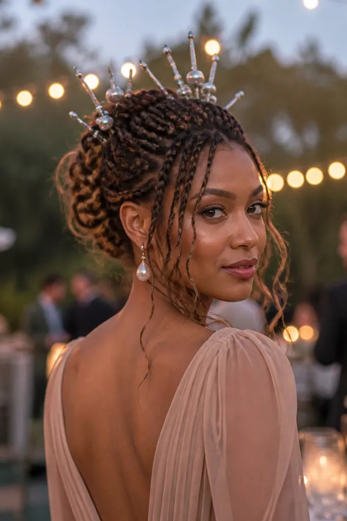 Waterfall braids drape across the head with crown pins holding the pattern