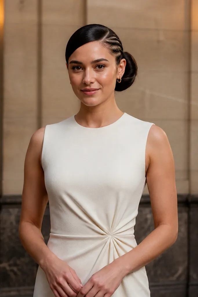 Side bun with a thin braid hidden underneath the base