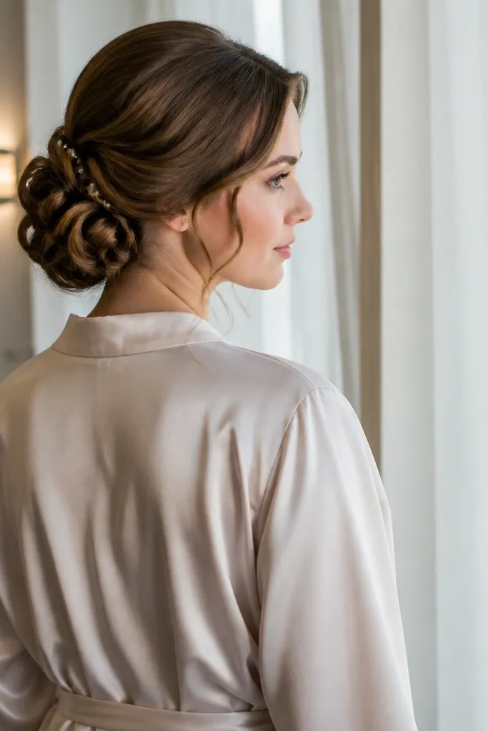 Low chignon with rolled ends and soft pin-curl texture around the bun