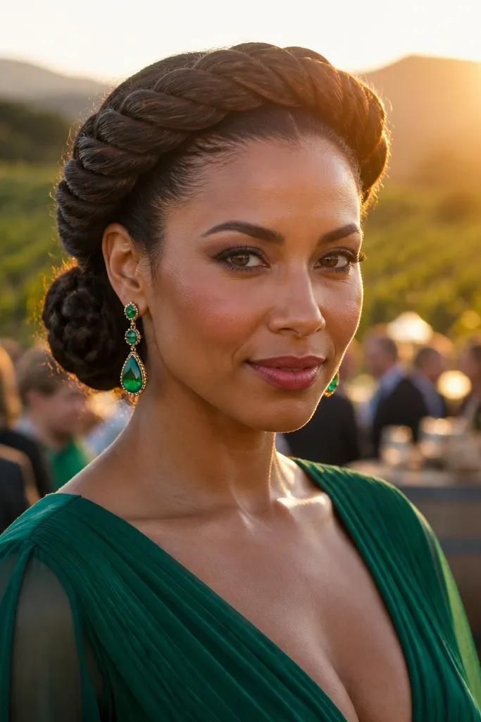 Twisted crown wraps into a low knot bun at the back