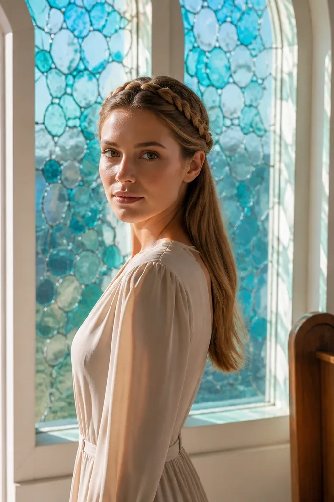 Half-up braided crown fading into a sleek low hairstyle