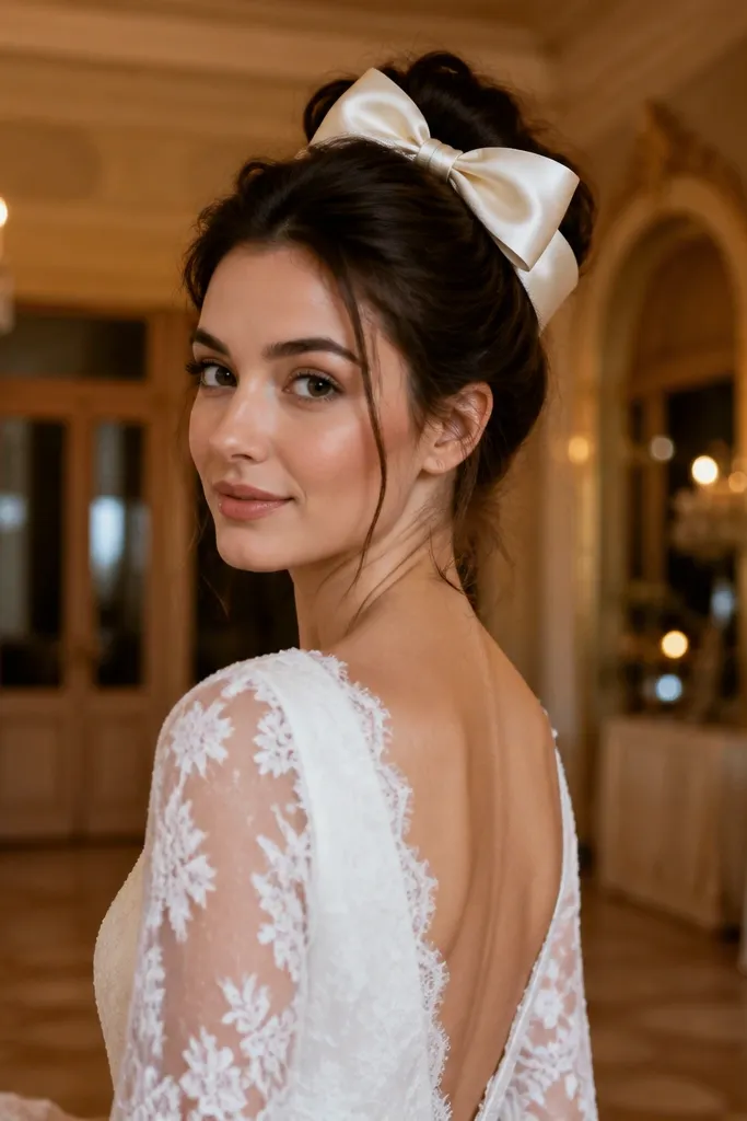 Satin bow tied at the crown with a knot bun and lifted volume