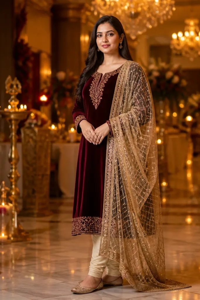 Maroon velvet kurta with cream churidar and gold-pattern dupatta