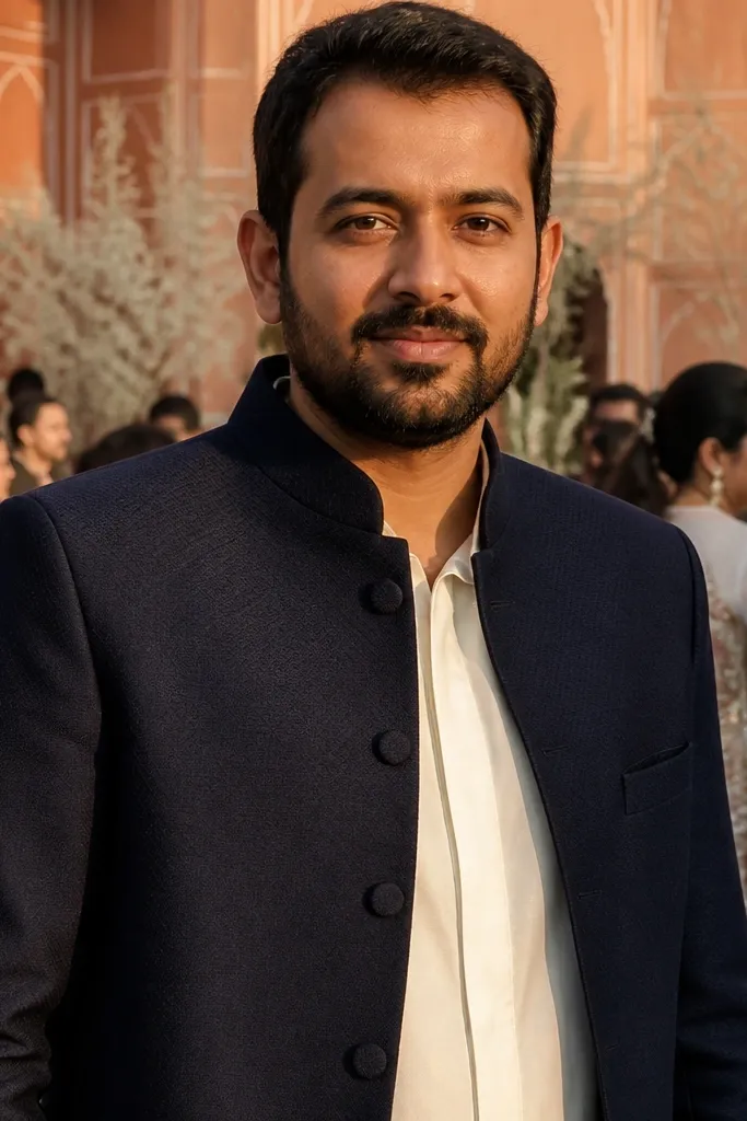 Black navy jacket with ivory shirt and dark trousers