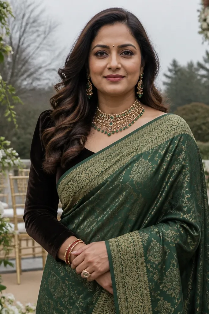Forest green saree with espresso velvet blouse and gold accents