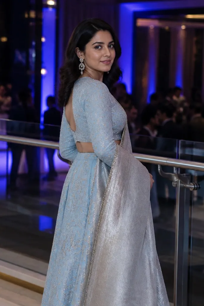 Ice blue lehenga with silver dupatta and closed-toe heels