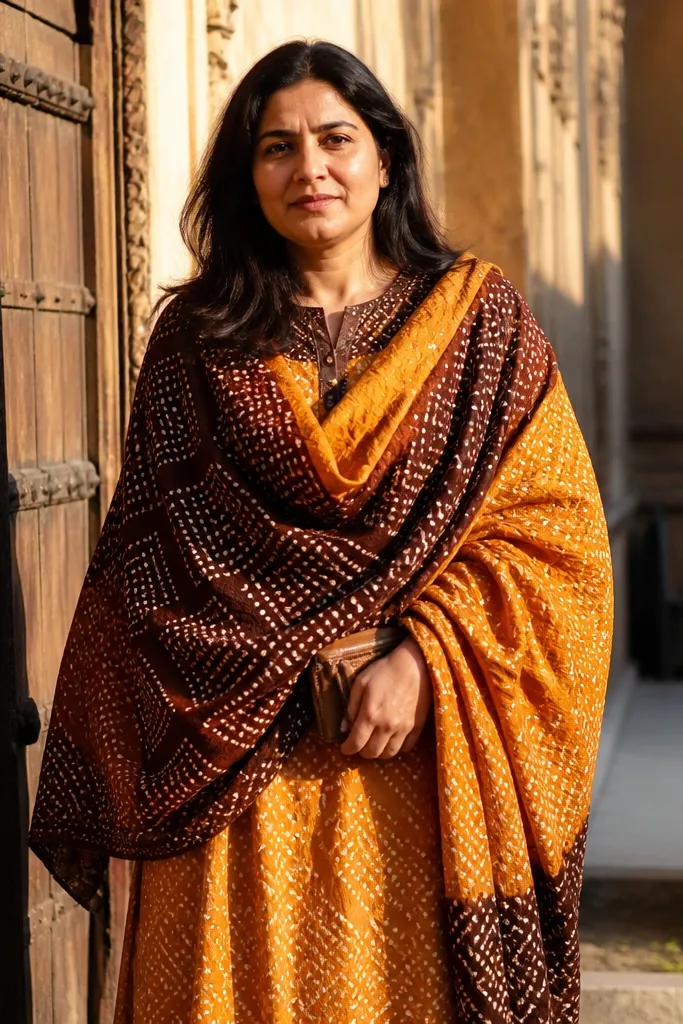 Bandhani kurta in saffron and chocolate with a thick cotton stole