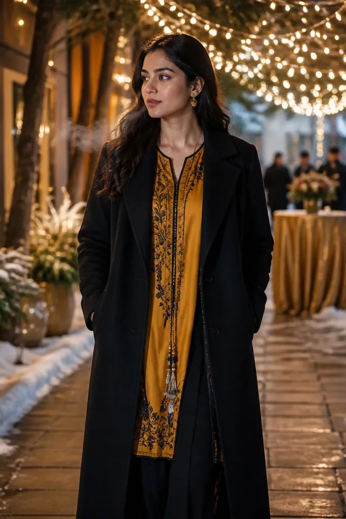 Marigold and black silk fusion outfit with a longline coat