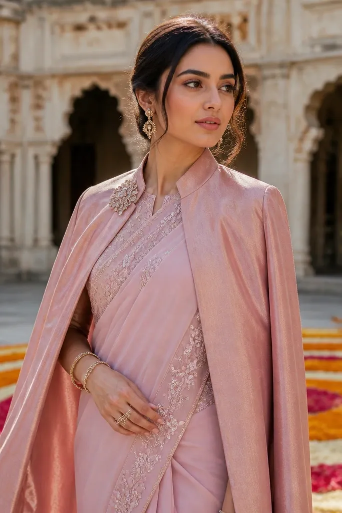 Powder pink saree with blush cape and small gold jewelry
