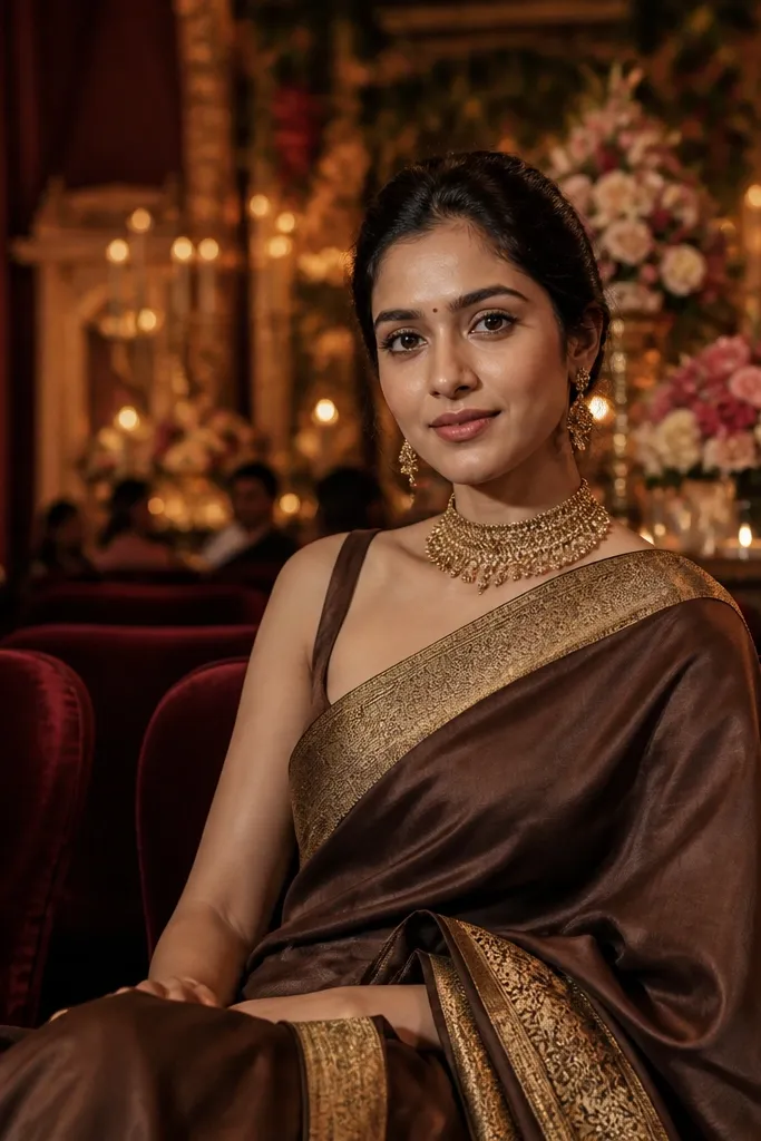 Chocolate brown chanderi saree with antique gold zari border