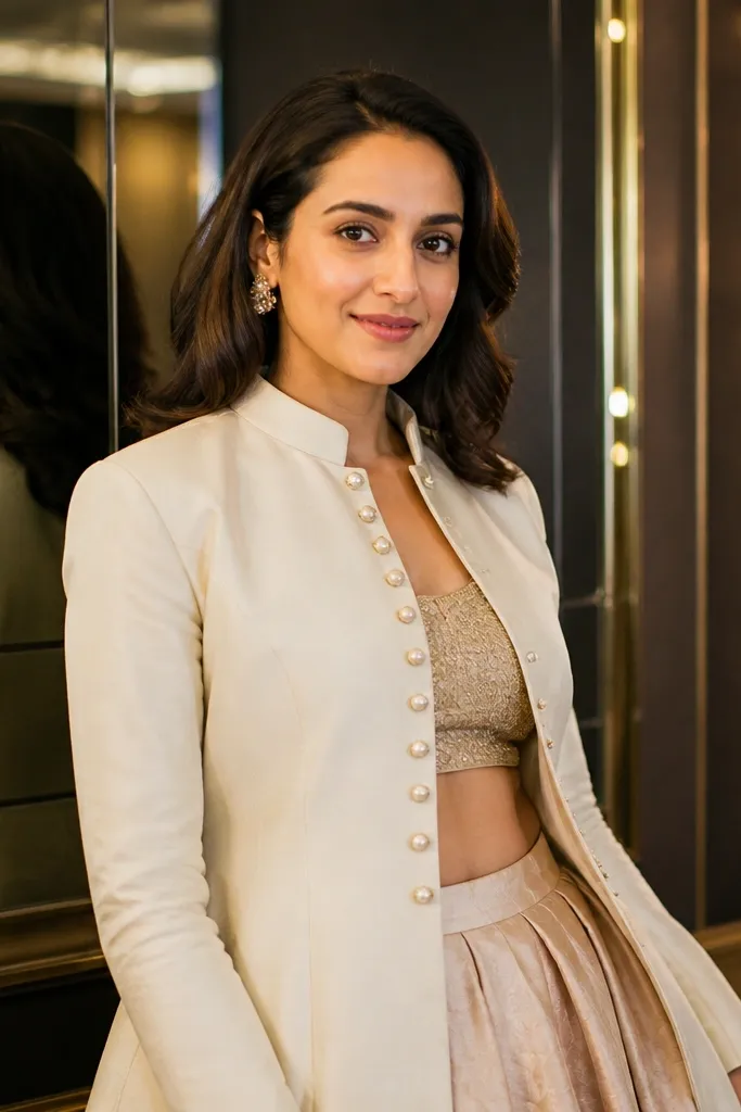Ivory lehenga with blush layer and pearl-button jacket