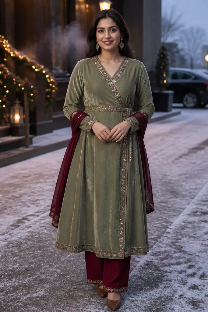 Sage green angrakha kurta with burgundy straight pants