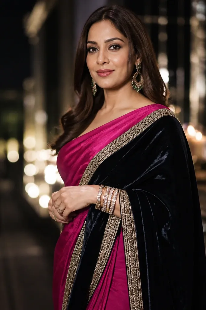 Rani pink saree with black velvet pallu and bold bangles