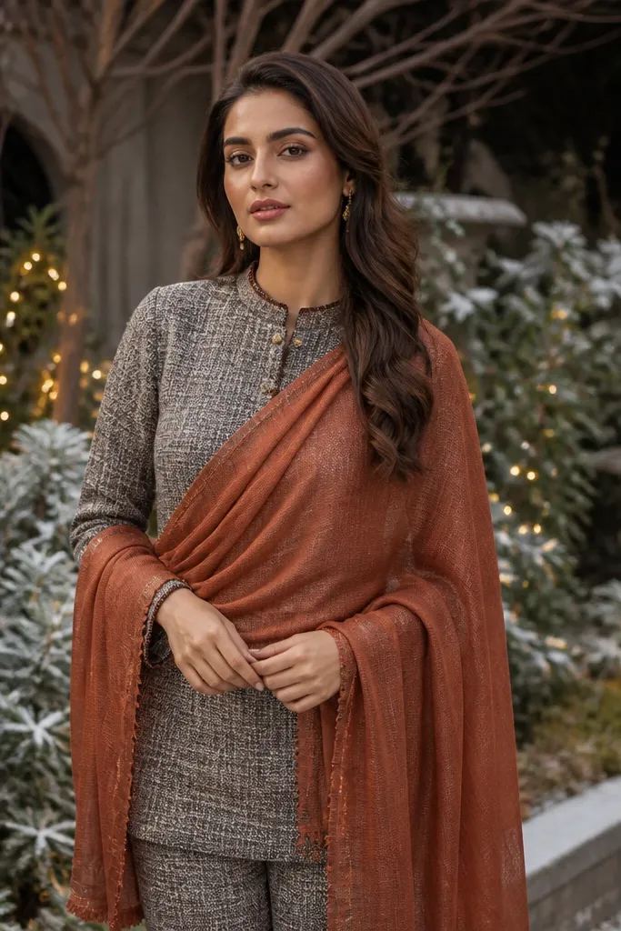 Grey tweed co-ord set with rust dupatta and ankle boots