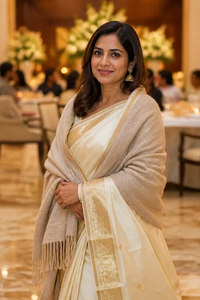 Cream saree with gold border and a wool stole