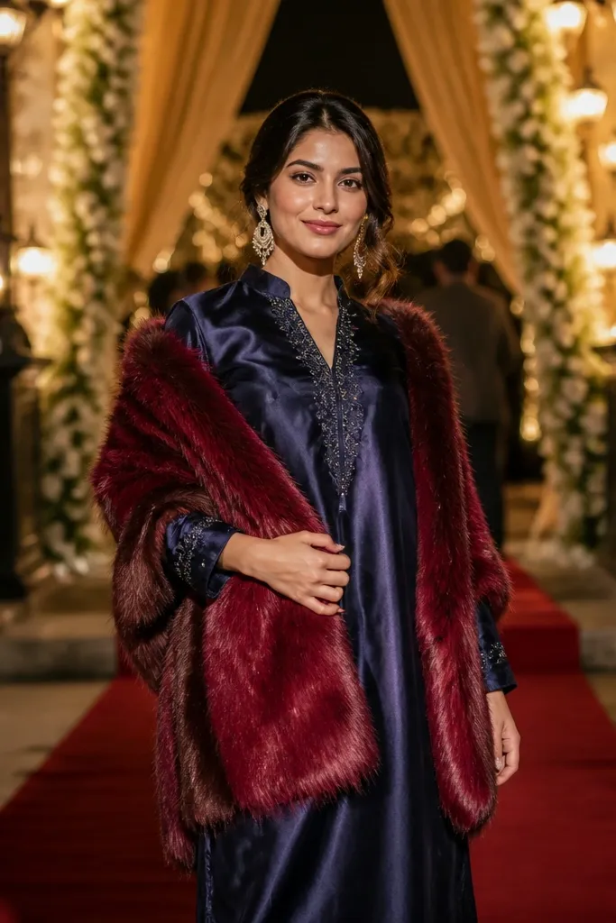 Navy straight kurta with maroon faux-fur stole and dark trousers