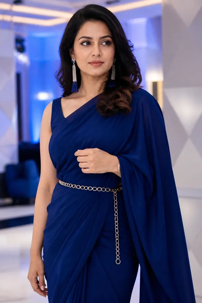 Sapphire blue crepe saree with silver chain belt and minimal jewelry