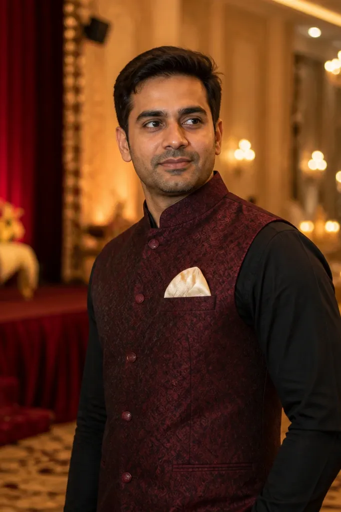 Burgundy bandhgala vest over black shirt with ivory pocket square