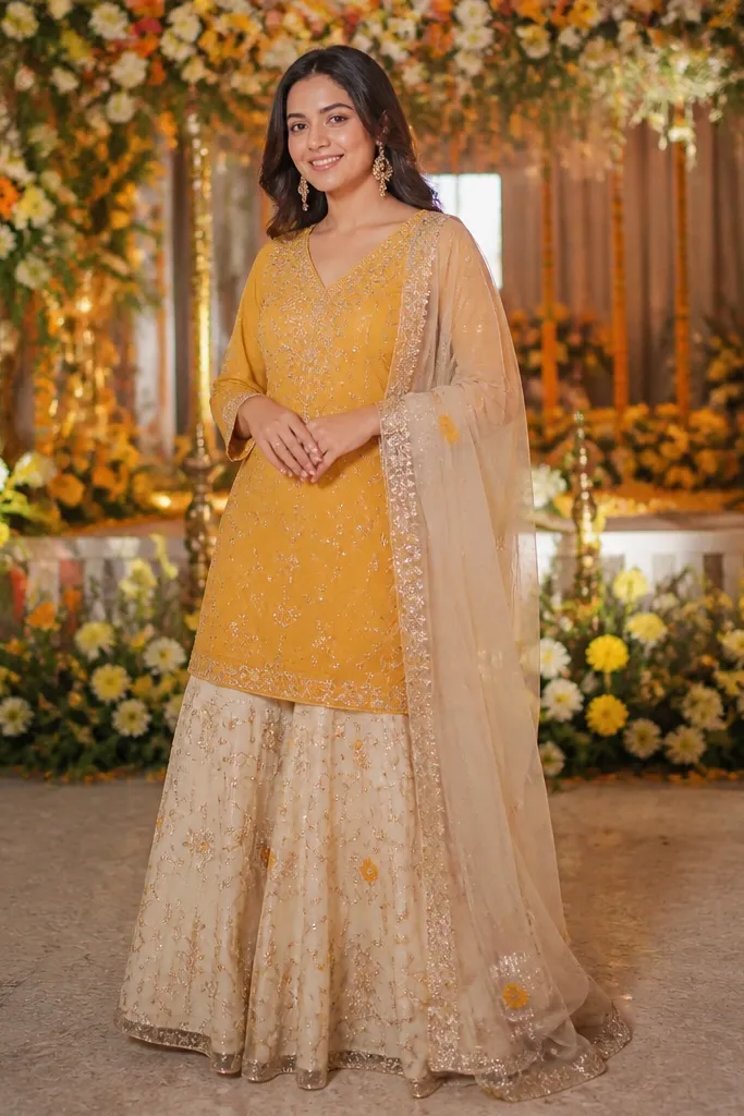 Marigold sharara set with cream top and soft gold net dupatta