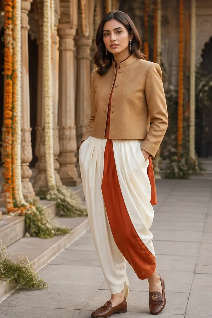 Ivory dhoti pants with terracotta accents and a tan cropped jacket