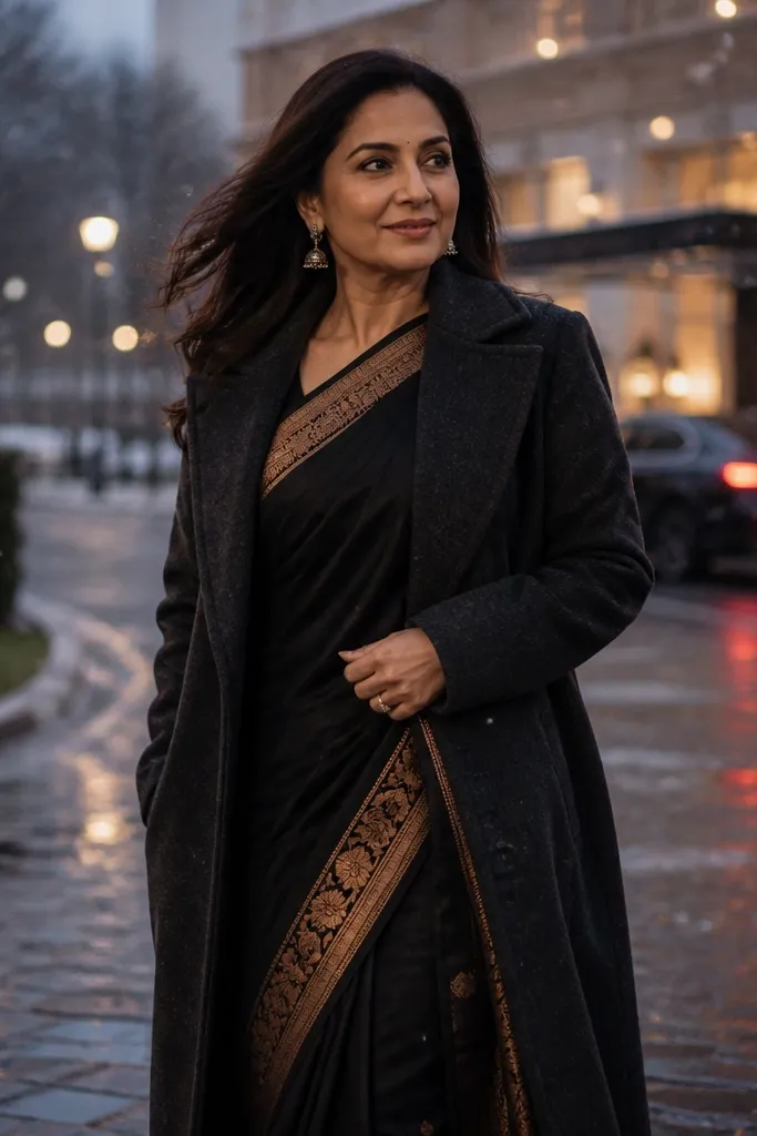 Black saree with copper border and a long wool coat draped over shoulders