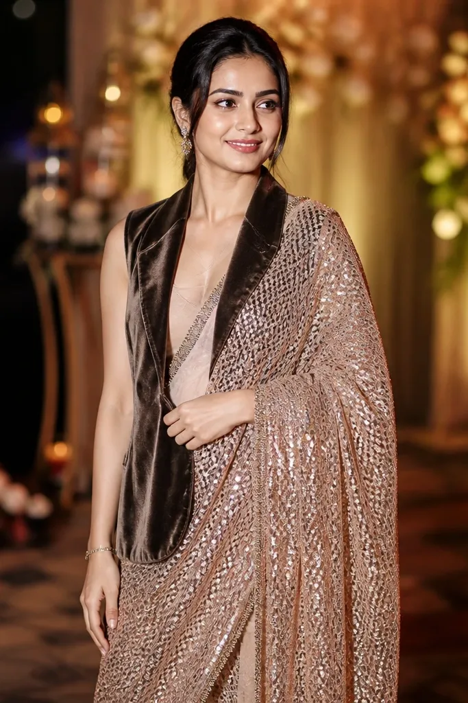 Rose gold sequin saree with nude inner and velvet waistcoat